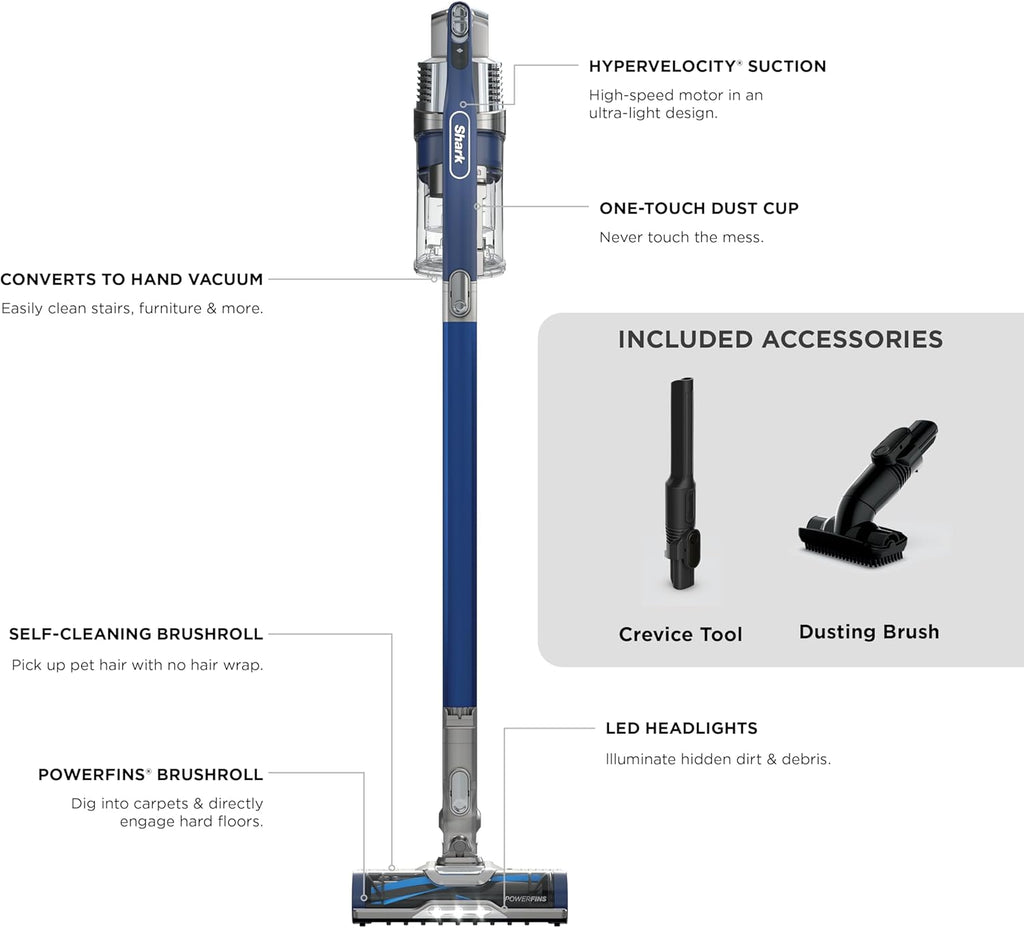 Shark IZ462H Vertex Ultra Lightweight Cordless Stick Vacuum with DuoClean PowerFins, Crevice, Pet Multi-Tool, Anti-Allergen, Brush, Removable Handheld, Flex, 60 min Runtime, Blue, MultiFLEX