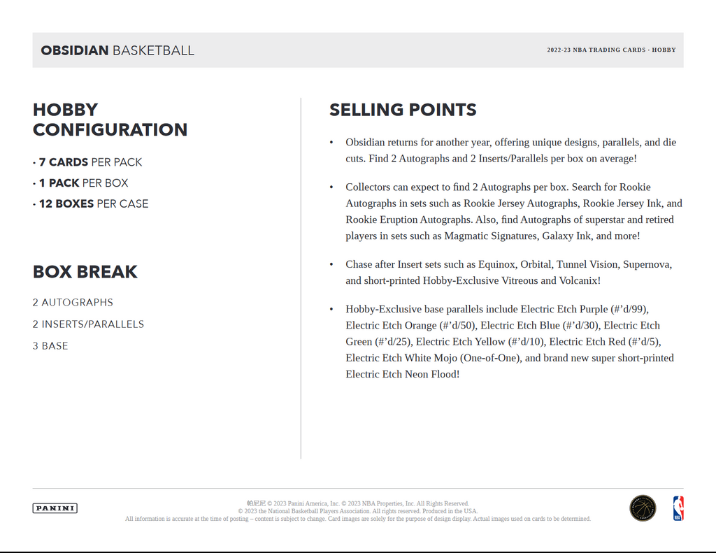 2022-23 Panini Obsidian Basketball Hobby 12 Box Case